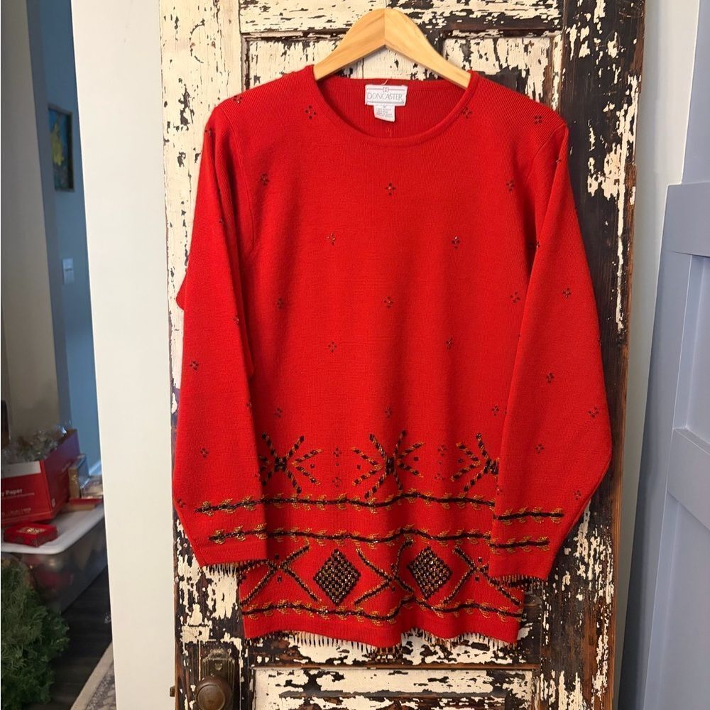Vintage beaded Doncaster Scarlet Crew Neck Sweater. Size M.
